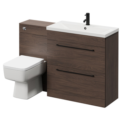 Napoli 390 Brown Oak 1300mm Vanity Unit Toilet Suite with 1 Tap Hole Basin and 2 Drawers with Matt Black Handles Right Hand View