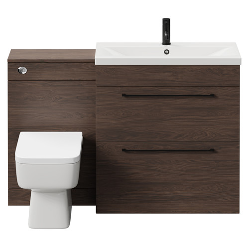 Napoli 390 Brown Oak 1300mm Vanity Unit Toilet Suite with 1 Tap Hole Basin and 2 Drawers with Matt Black Handles Front View