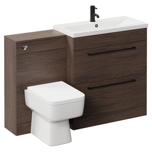 Napoli 390 Brown Oak 1300mm Vanity Unit Toilet Suite with 1 Tap Hole Basin and 2 Drawers with Matt Black Handles Left Hand View