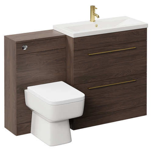 Napoli 390 Brown Oak 1300mm Vanity Unit Toilet Suite with 1 Tap Hole Basin and 2 Drawers with Brushed Brass Handles Left Hand View