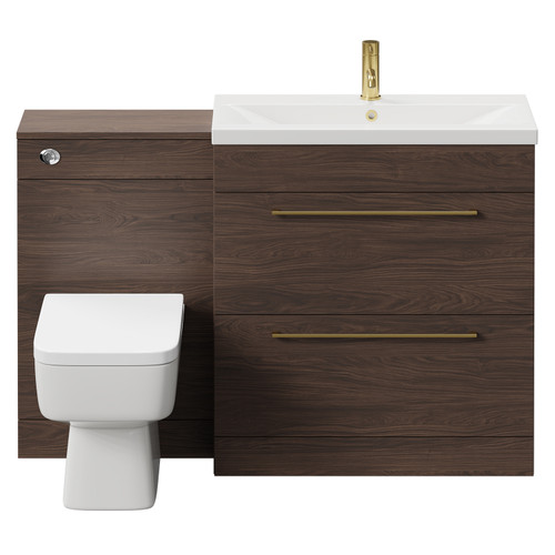 Napoli 390 Brown Oak 1300mm Vanity Unit Toilet Suite with 1 Tap Hole Basin and 2 Drawers with Brushed Brass Handles Front View