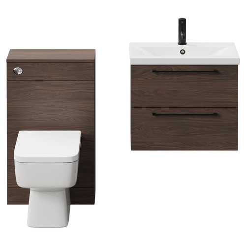 Napoli 390 Brown Oak 1100mm Wall Mounted Vanity Unit Toilet Suite with 1 Tap Hole Basin and 2 Drawers with Matt Black Handles Front View
