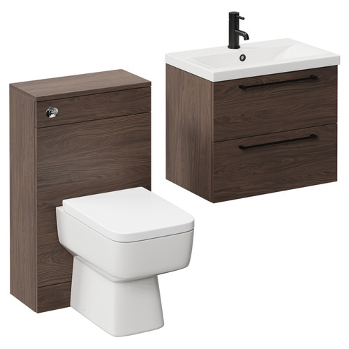 Napoli 390 Brown Oak 1100mm Wall Mounted Vanity Unit Toilet Suite with 1 Tap Hole Basin and 2 Drawers with Matt Black Handles Left Hand View