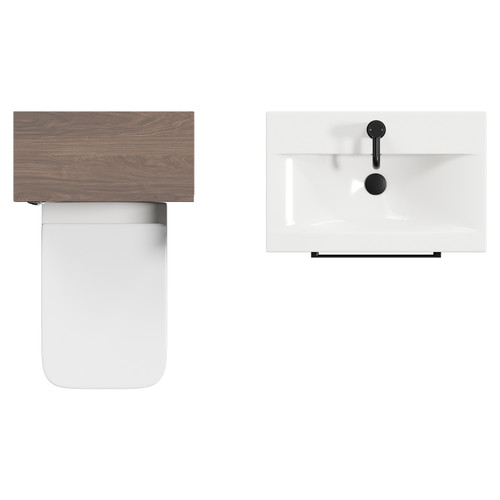 Napoli 390 Brown Oak 1100mm Wall Mounted Vanity Unit Toilet Suite with 1 Tap Hole Basin and 2 Drawers with Matt Black Handles Top View