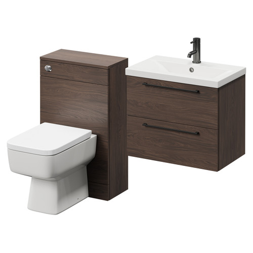 Napoli 390 Brown Oak 1100mm Wall Mounted Vanity Unit Toilet Suite with 1 Tap Hole Basin and 2 Drawers with Gunmetal Grey Handles Right Hand View