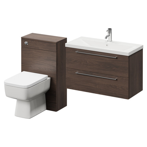Napoli 390 Brown Oak 1300mm Wall Mounted Vanity Unit Toilet Suite with 1 Tap Hole Basin and 2 Drawers with Polished Chrome Handles Right Hand View