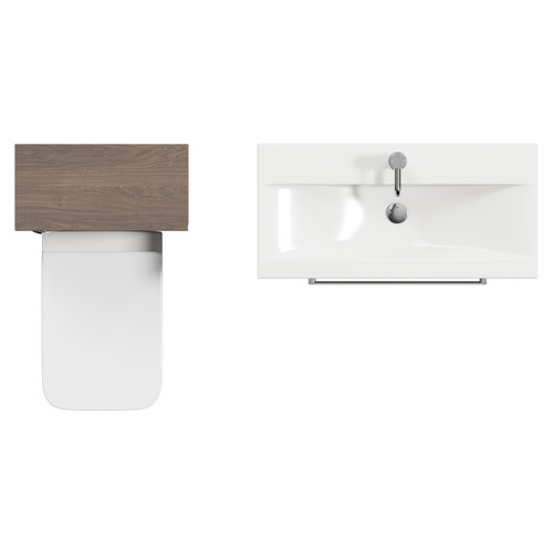 Napoli 390 Brown Oak 1300mm Wall Mounted Vanity Unit Toilet Suite with 1 Tap Hole Basin and 2 Drawers with Polished Chrome Handles Top View