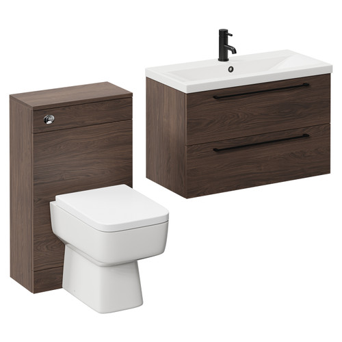 Napoli 390 Brown Oak 1300mm Wall Mounted Vanity Unit Toilet Suite with 1 Tap Hole Basin and 2 Drawers with Matt Black Handles Left Hand View