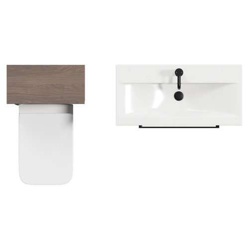 Napoli 390 Brown Oak 1300mm Wall Mounted Vanity Unit Toilet Suite with 1 Tap Hole Basin and 2 Drawers with Matt Black Handles Top View