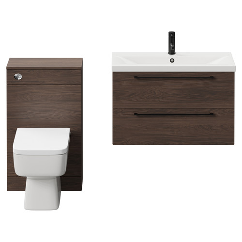 Napoli 390 Brown Oak 1300mm Wall Mounted Vanity Unit Toilet Suite with 1 Tap Hole Basin and 2 Drawers with Matt Black Handles Front View
