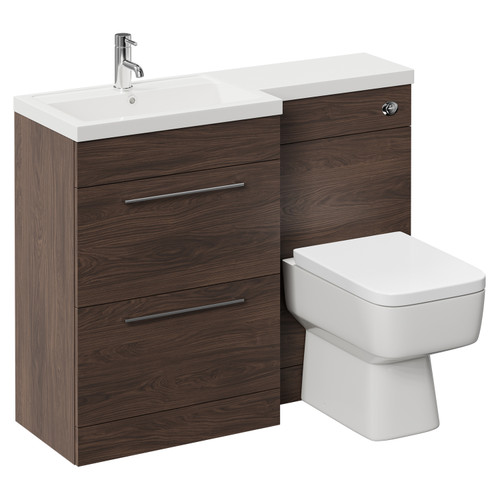 Napoli 390 Combination Brown Oak 1100mm Vanity Unit Toilet Suite with Left Hand L Shaped 1 Tap Hole Basin and 2 Drawers with Polished Chrome Handles Left Hand View