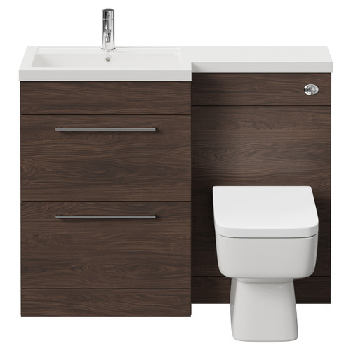 Napoli 390 Combination Brown Oak 1100mm Vanity Unit Toilet Suite with Left Hand L Shaped 1 Tap Hole Basin and 2 Drawers with Polished Chrome Handles Front View