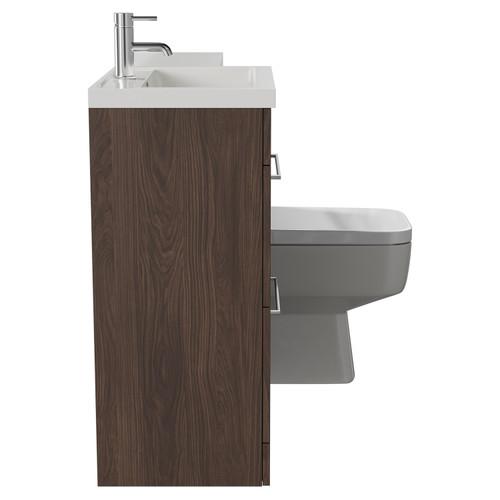 Napoli 390 Combination Brown Oak 1100mm Vanity Unit Toilet Suite with Left Hand L Shaped 1 Tap Hole Basin and 2 Drawers with Polished Chrome Handles Side View