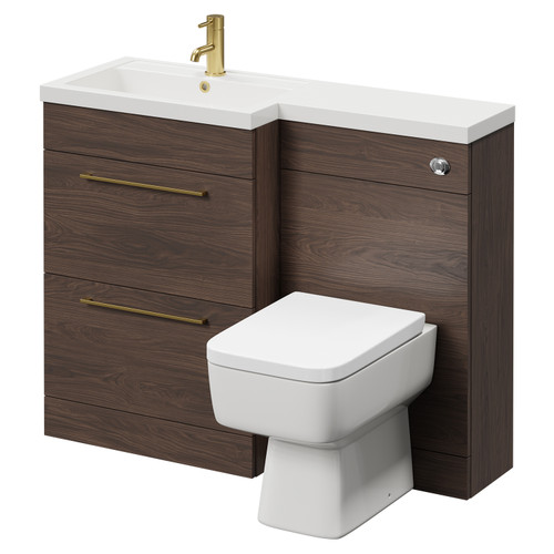 Napoli 390 Combination Brown Oak 1100mm Vanity Unit Toilet Suite with Left Hand L Shaped 1 Tap Hole Basin and 2 Drawers with Brushed Brass Handles Right Hand View