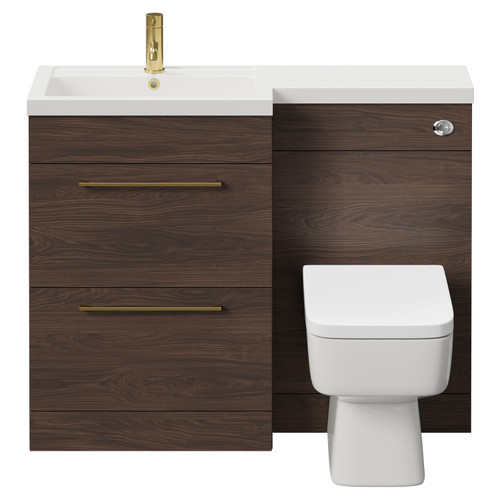 Napoli 390 Combination Brown Oak 1100mm Vanity Unit Toilet Suite with Left Hand L Shaped 1 Tap Hole Basin and 2 Drawers with Brushed Brass Handles Front View