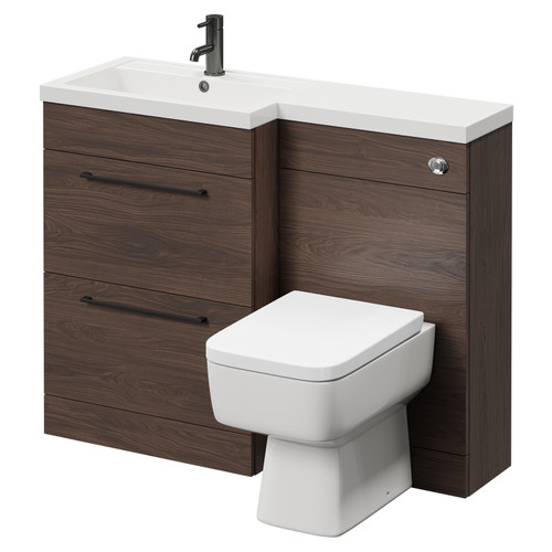 Napoli 390 Combination Brown Oak 1100mm Vanity Unit Toilet Suite with Left Hand L Shaped 1 Tap Hole Basin and 2 Drawers with Gunmetal Grey Handles Right Hand View