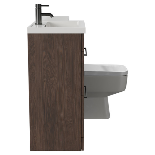 Napoli 390 Combination Brown Oak 1100mm Vanity Unit Toilet Suite with Left Hand L Shaped 1 Tap Hole Basin and 2 Drawers with Gunmetal Grey Handles Side View