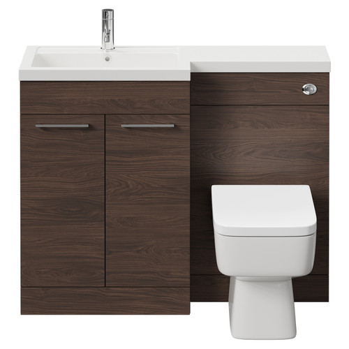Napoli 390 Combination Brown Oak 1100mm Vanity Unit Toilet Suite with Left Hand L Shaped 1 Tap Hole Basin and 2 Doors with Polished Chrome Handles Front View