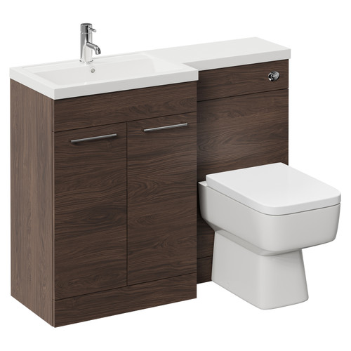 Napoli 390 Combination Brown Oak 1100mm Vanity Unit Toilet Suite with Left Hand L Shaped 1 Tap Hole Basin and 2 Doors with Polished Chrome Handles Left Hand View