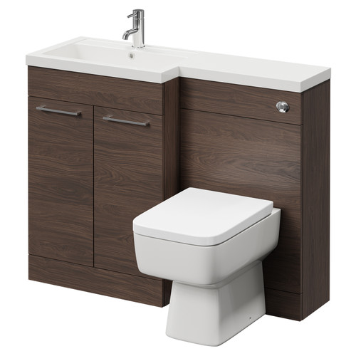 Napoli 390 Combination Brown Oak 1100mm Vanity Unit Toilet Suite with Left Hand L Shaped 1 Tap Hole Basin and 2 Doors with Polished Chrome Handles Right Hand View