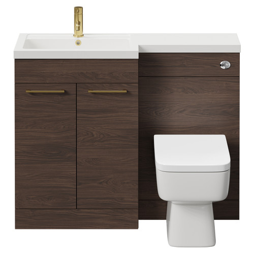 Napoli 390 Combination Brown Oak 1100mm Vanity Unit Toilet Suite with Left Hand L Shaped 1 Tap Hole Basin and 2 Doors with Brushed Brass Handles Front View