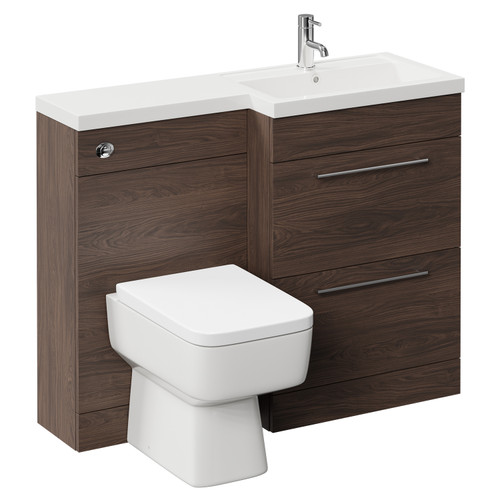 Napoli 390 Combination Brown Oak 1100mm Vanity Unit Toilet Suite with Right Hand L Shaped 1 Tap Hole Basin and 2 Drawers with Polished Chrome Handles Left Hand View