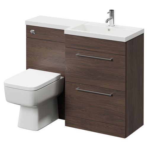 Napoli 390 Combination Brown Oak 1100mm Vanity Unit Toilet Suite with Right Hand L Shaped 1 Tap Hole Basin and 2 Drawers with Polished Chrome Handles Right Hand View