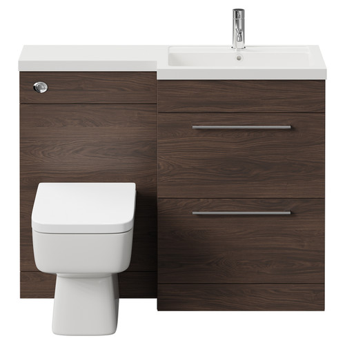 Napoli 390 Combination Brown Oak 1100mm Vanity Unit Toilet Suite with Right Hand L Shaped 1 Tap Hole Basin and 2 Drawers with Polished Chrome Handles Front View