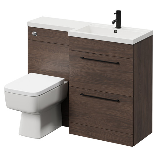 Napoli 390 Combination Brown Oak 1100mm Vanity Unit Toilet Suite with Right Hand L Shaped 1 Tap Hole Basin and 2 Drawers with Matt Black Handles Right Hand View