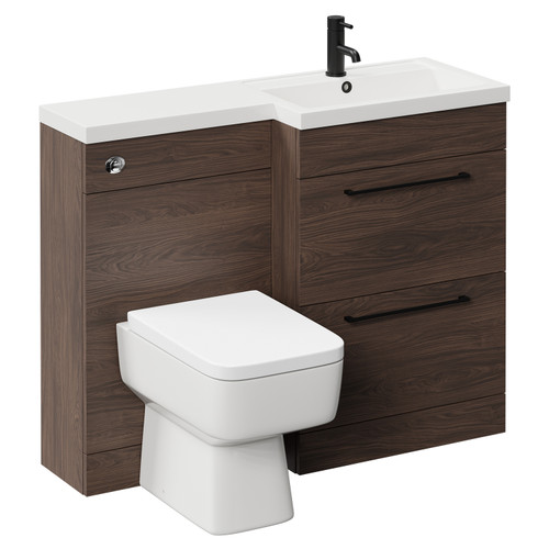 Napoli 390 Combination Brown Oak 1100mm Vanity Unit Toilet Suite with Right Hand L Shaped 1 Tap Hole Basin and 2 Drawers with Matt Black Handles Left Hand View