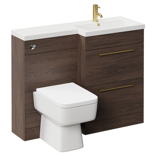 Napoli 390 Combination Brown Oak 1100mm Vanity Unit Toilet Suite with Right Hand L Shaped 1 Tap Hole Basin and 2 Drawers with Brushed Brass Handles Left Hand View
