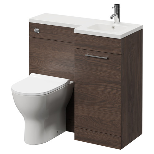 Napoli Combination Brown Oak 900mm Vanity Unit Toilet Suite with Right Hand L Shaped 1 Tap Hole Round Basin and Single Door with Polished Chrome Handle Right Hand View