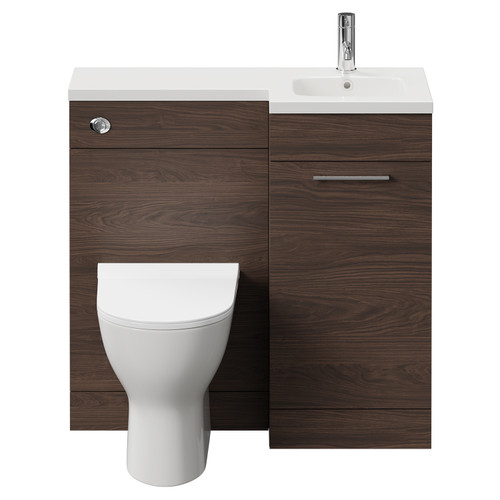 Napoli Combination Brown Oak 900mm Vanity Unit Toilet Suite with Right Hand L Shaped 1 Tap Hole Round Basin and Single Door with Polished Chrome Handle Front View
