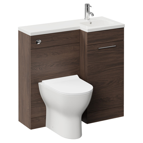 Napoli Combination Brown Oak 900mm Vanity Unit Toilet Suite with Right Hand L Shaped 1 Tap Hole Round Basin and Single Door with Polished Chrome Handle Left Hand View