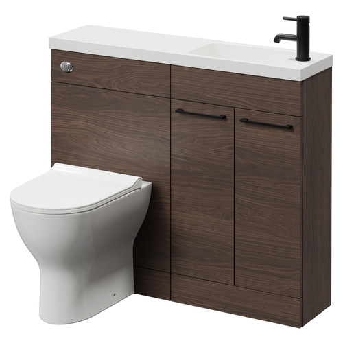 Napoli Combination Brown Oak 1000mm Vanity Unit Toilet Suite with Slimline 1 Tap Hole Round Basin and 2 Doors with Matt Black Handles Right Hand View