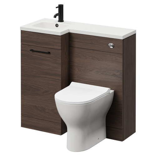 Napoli Combination Brown Oak 900mm Vanity Unit Toilet Suite with Left Hand L Shaped 1 Tap Hole Round Basin and Single Door with Matt Black Handle Right Hand View