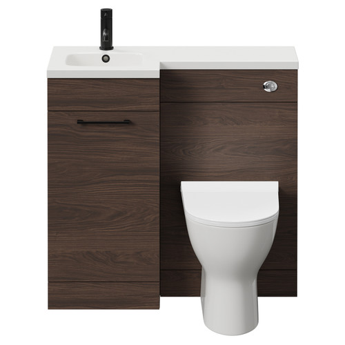 Napoli Combination Brown Oak 900mm Vanity Unit Toilet Suite with Left Hand L Shaped 1 Tap Hole Round Basin and Single Door with Matt Black Handle Front View