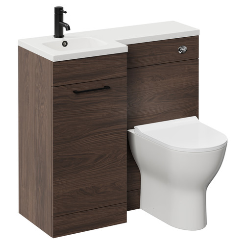 Napoli Combination Brown Oak 900mm Vanity Unit Toilet Suite with Left Hand L Shaped 1 Tap Hole Round Basin and Single Door with Matt Black Handle Left Hand View