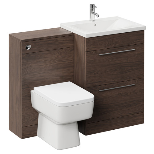 Napoli Brown Oak 1100mm Vanity Unit Toilet Suite with 1 Tap Hole Basin and 2 Drawers with Polished Chrome Handles Left Hand View
