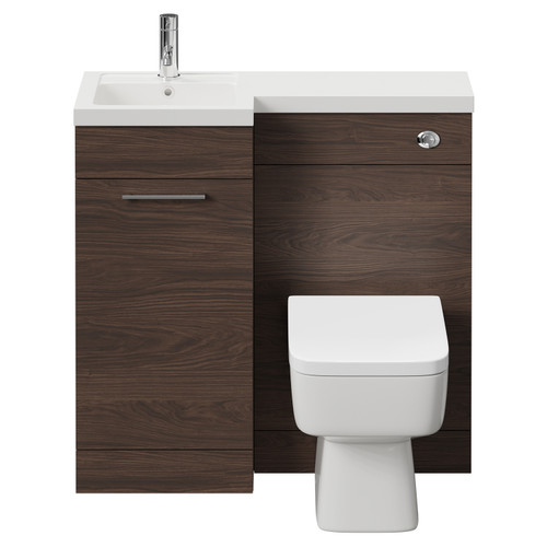 Napoli Combination Brown Oak 900mm Vanity Unit Toilet Suite with Left Hand L Shaped 1 Tap Hole Basin and Single Door with Polished Chrome Handle Front View