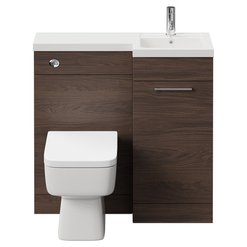 Napoli Combination Brown Oak 900mm Vanity Unit Toilet Suite with Right Hand L Shaped 1 Tap Hole Basin and Single Door with Polished Chrome Handle Front View