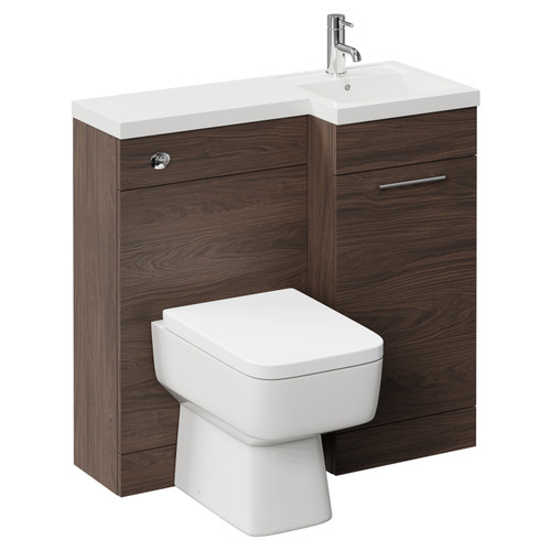 Napoli Combination Brown Oak 900mm Vanity Unit Toilet Suite with Right Hand L Shaped 1 Tap Hole Basin and Single Door with Polished Chrome Handle Left Hand View