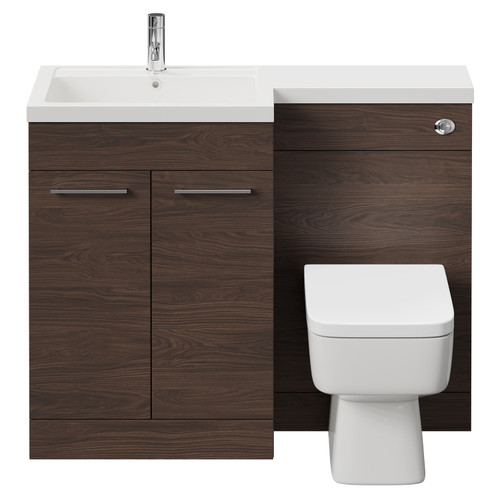 Napoli Combination Brown Oak 1100mm Vanity Unit Toilet Suite with Left Hand L Shaped 1 Tap Hole Basin and 2 Doors with Polished Chrome Handles Front View