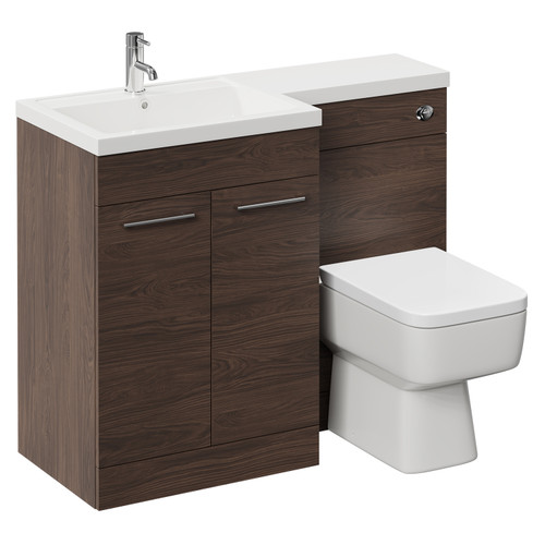 Napoli Combination Brown Oak 1100mm Vanity Unit Toilet Suite with Left Hand L Shaped 1 Tap Hole Basin and 2 Doors with Polished Chrome Handles Left Hand View