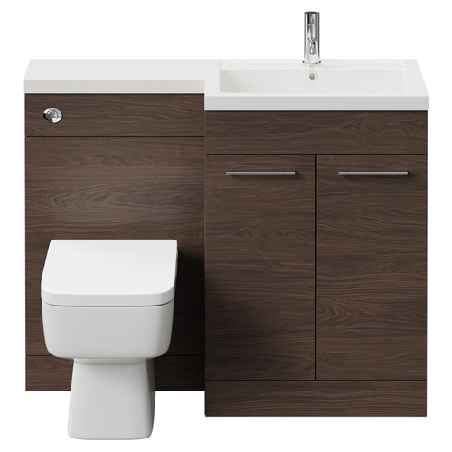 Napoli Combination Brown Oak 1100mm Vanity Unit Toilet Suite with Right Hand L Shaped 1 Tap Hole Basin and 2 Doors with Polished Chrome Handles Front View
