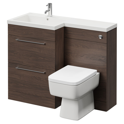 Napoli Combination Brown Oak 1100mm Vanity Unit Toilet Suite with Left Hand L Shaped 1 Tap Hole Basin and 2 Drawers with Polished Chrome Handles Right Hand View