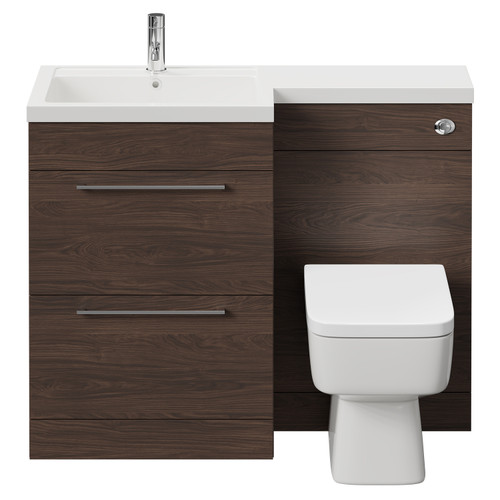 Napoli Combination Brown Oak 1100mm Vanity Unit Toilet Suite with Left Hand L Shaped 1 Tap Hole Basin and 2 Drawers with Polished Chrome Handles Front View