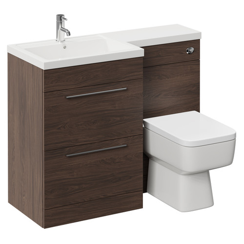 Napoli Combination Brown Oak 1100mm Vanity Unit Toilet Suite with Left Hand L Shaped 1 Tap Hole Basin and 2 Drawers with Polished Chrome Handles Left Hand View