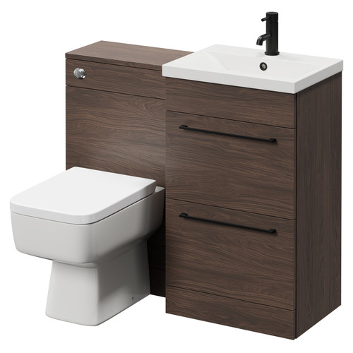 Napoli Brown Oak 1000mm Vanity Unit Toilet Suite with 1 Tap Hole Basin and 2 Drawers with Matt Black Handles Right Hand View