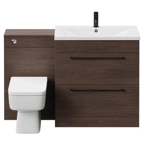 Napoli Brown Oak 1300mm Vanity Unit Toilet Suite with 1 Tap Hole Basin and 2 Drawers with Matt Black Handles Front View